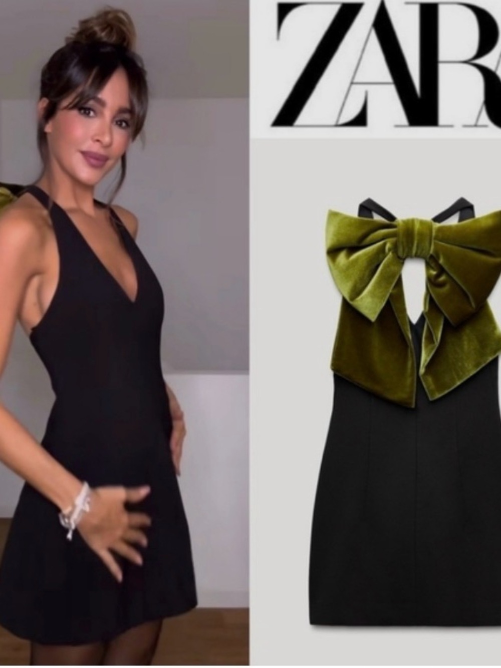 Zara Black Mini Dress with Olive Velvet Bow Accent